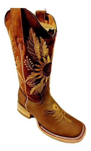 Hermosa Bota Para Mujer Bordado Girasoles,100% Piel