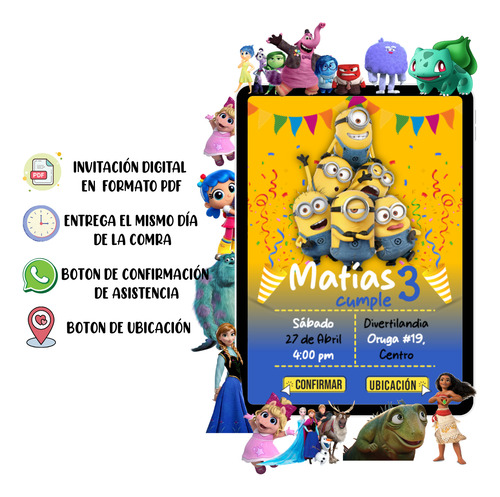 Invitación Digital Infantil Pdf Botón Confirmación Ubicación Minions