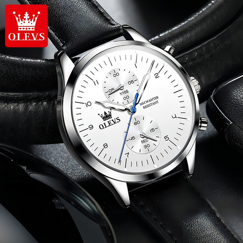 Olevs Reloj Cronógrafo De Cuero Impermeable Para Hombre