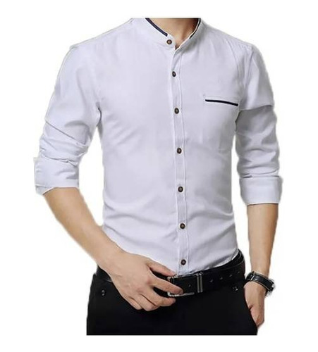 Camisa Hombre Casual Blanca Manga Larga Cuello Mao