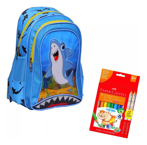 Mochila Escolar Tubarão Menino Azul+ Lápis Cor Faber Castell Cor Azul