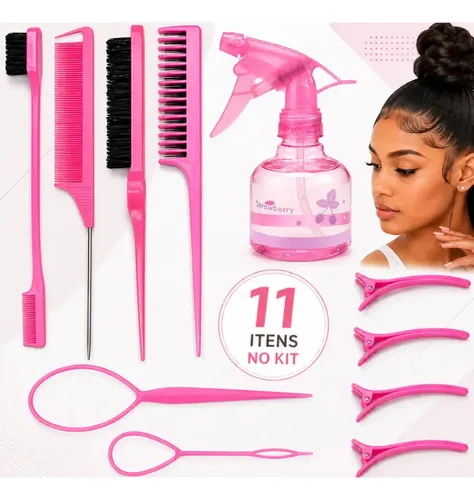 Kit Pente Borrifador Névoa Spray Escovinha Baby Hair Argola Cor Rosa Boa Dica