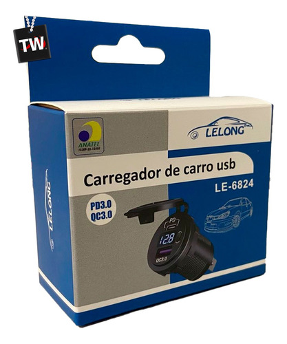 Tomada Carregador Carro Usb Tipo C Pd3.0 Voltimetro Vermelho