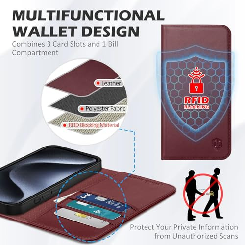 Funda Para iPhone 15 Pro Max Rojo Vino 6.7puLG Piel