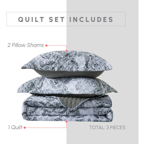 Colcha Reversible 3 Piezas Individual Xl Gris Ultrasuave