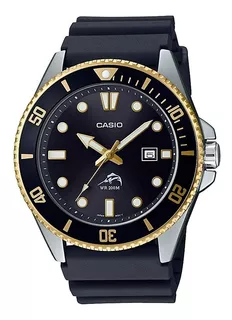 Reloj de pulsera Casio Classic MDV-106 de cuerpo color plateado, analógico, para hombre, fondo negro, con correa de resina color negro, agujas color dorado y blanco, dial blanco y dorado, minutero/seg