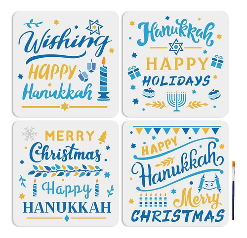 Juego De 4 Plantillas De Hanukkah Feliz Menorá Dreidel...