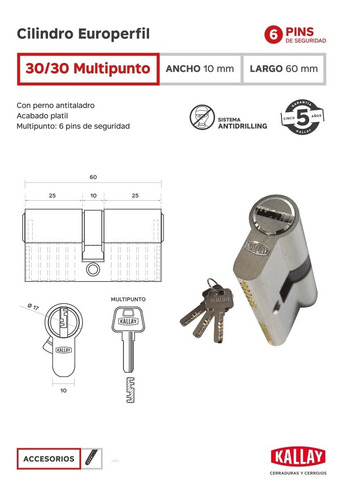 Imagen 3 de 3 de Cilindro Kallay 30x30 C/3 Llaves