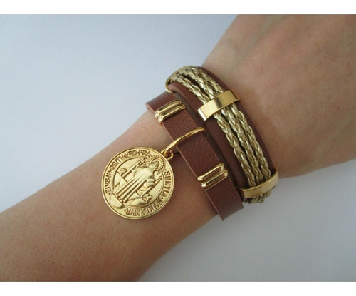 Conjunto De Pulseiras Em Couro Douradas Medalha São Bento