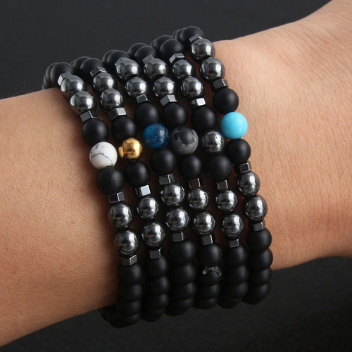 Pulsera Piedra Hematita Esfera Dorada Acero Inoxidable 6mm