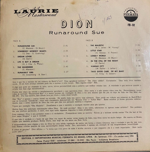 Lp Dion - Runaround Sue 1962 Original Mono (Usado)