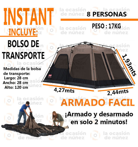 Imagen 3 de 10 de Carpa 8 Personas Coleman Instant Automatica Camping + Bolso