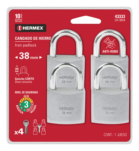 Candado Hierro 38 Mm Std Tradicional 4 Pz Hermex 43333