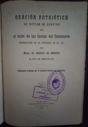 Oración Patriótica - Mons. Miguel De Andrea - 1910