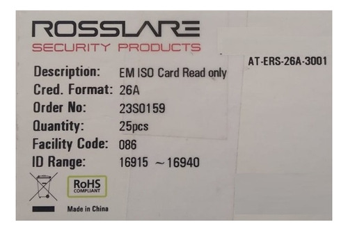 50 Pzas. Tarjeta De Proximidad Rosslare Atr-11 Estándar Iso