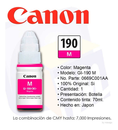 Imagen 5 de 7 de Combo 4 Botella Tinta Canon Gi 190 Negro Cian Magenta Amaril