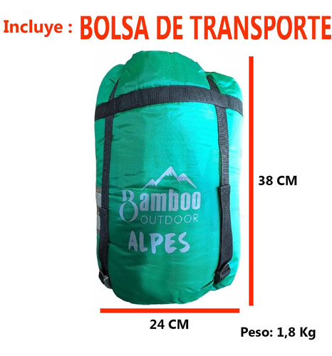 Bolsa De Dormir Bamboo Alpes -5 Grados Camping Carpa 2.30 Mt