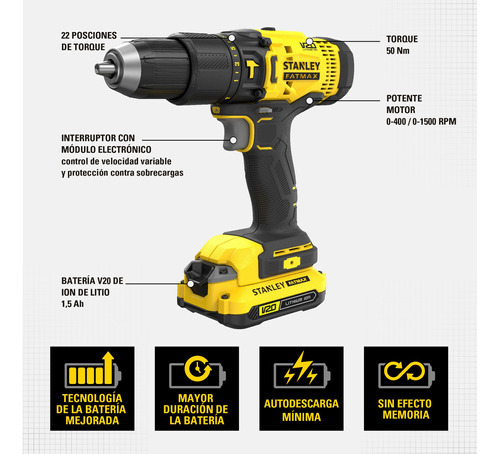 Taladro Percutor 1/2'' 20v Fatmax 50nm Stanley Scd711c2k-b2