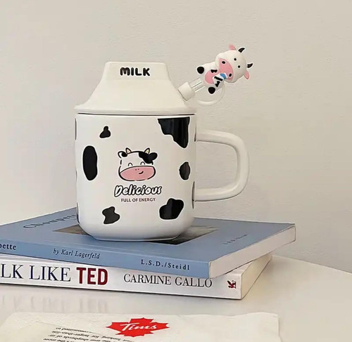 Taza Cerámica Milk Vaquita Con Popote Y Tapa 330ml