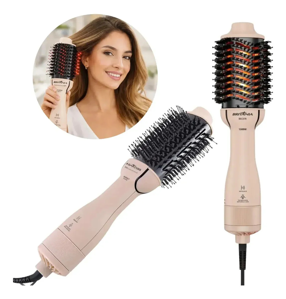 Escova Secadora 4 em 1 Britânia BEC07R Cerâmica 1300W Bivolt Rosa Seca, alisa, modela e dá volume...