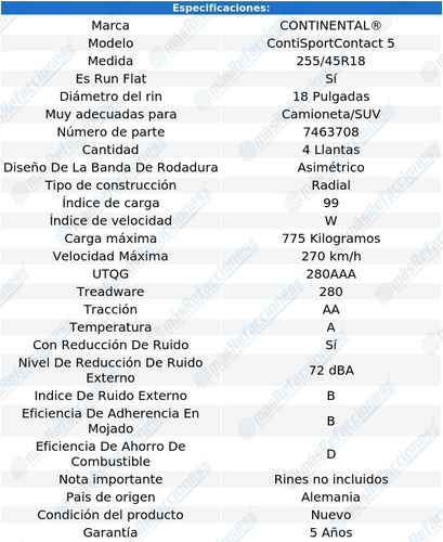 Pack 4 Llantas Conti Contisportcontact 5 255/45r18 Run Flat