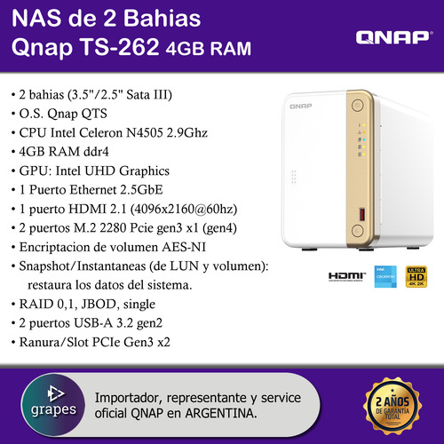 Nas Storage 2 Bahías Qnap Ts262 4gb Raid M.2 Pcie Gpu Intel