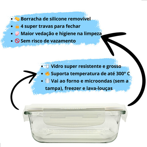 Kit 10 Potes 370ml Vidro Hermetico Marmita Fitness Com Tampa Quatro Travas Retangular Anti Vazamento