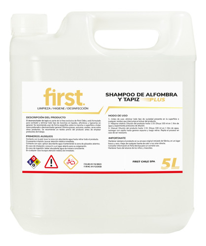 Shampoo Alfombra Y Tapiz Plus Doble Poder First Chile 5 L