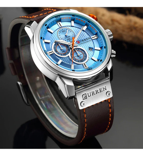 Relógio Curren Masculino 8291 Azul Pulseira Marrom Elegante