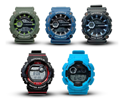 Reloj Digital Sumergible Con Alarma Cronometro Y Luz Malla Negro Bisel Negro Fondo Celeste