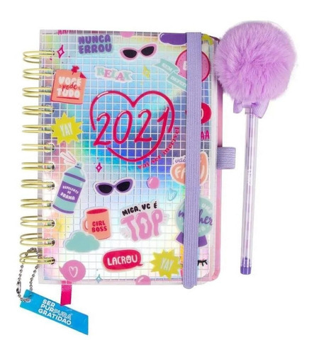 Agenda 2021 Planner Diário + Adesivos + Caneta Pompom  Uatt