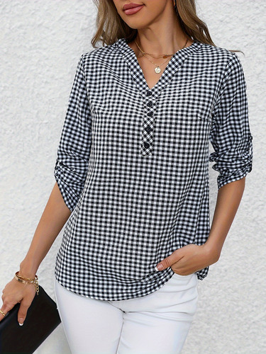 Camisa De Mujer Con Estampado De Cuadros Suave Y Suelta