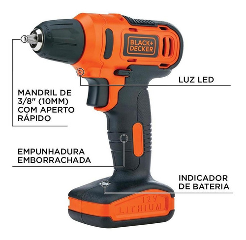 Parafusadeira/furadeira 12v 3/8'' 10mm + 13pçs -black+decker