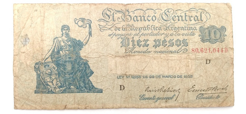 Billete 10 Peso Moneda Nacional Bottero 1886 Progreso 1945