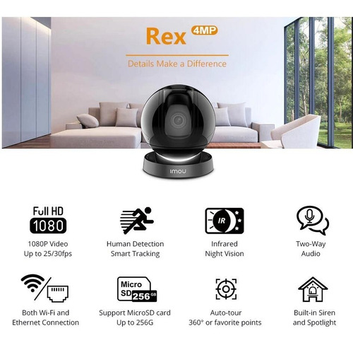 Imagen 3 de 10 de Cámara Ip Imou Pt Rex 4mp 3.6mm Ir10 Wifi Microsd Ai Audio