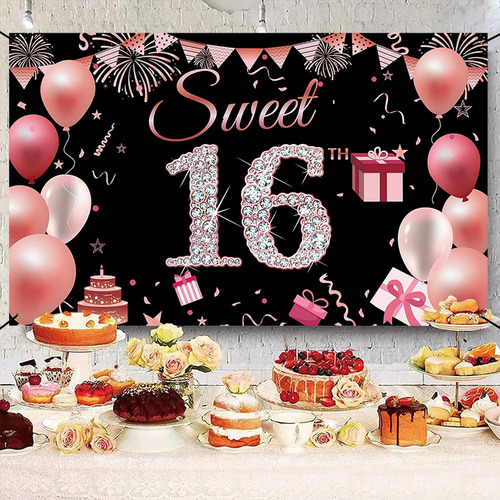 Cartel De Cumpleaños Con Texto En Inglés Sweet 16 , Decorac