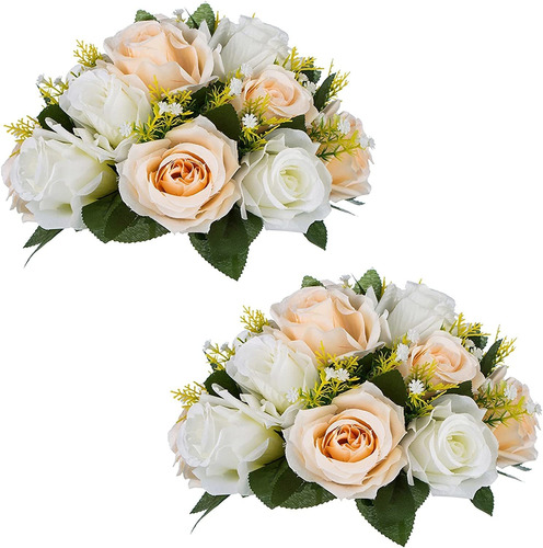 Flores Artificiales 15 Cabezas De Rosas Cham Y Blan Pack 2u.