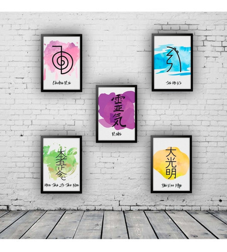 Quadro Reiki Master Placa Kit 5 Símbolos Com Moldura A4 Cor da armação Preto