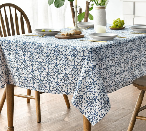 Mantel Rectangular De Algodón 132x178 Cm Diseño Vintage Azul