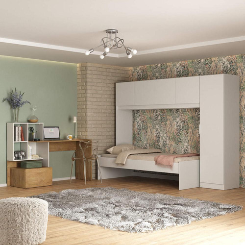 Conjunto Quarto Cama Solteiro com Colchão/Guarda-Roupas/Escrivaninha Multimóveis MP4225 Cor Branco/Rustic