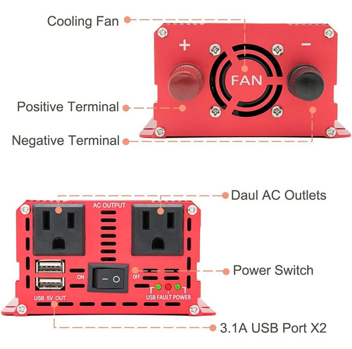 Inversor De Corriente De Coche De 1000 W 2000 W Peak Co...