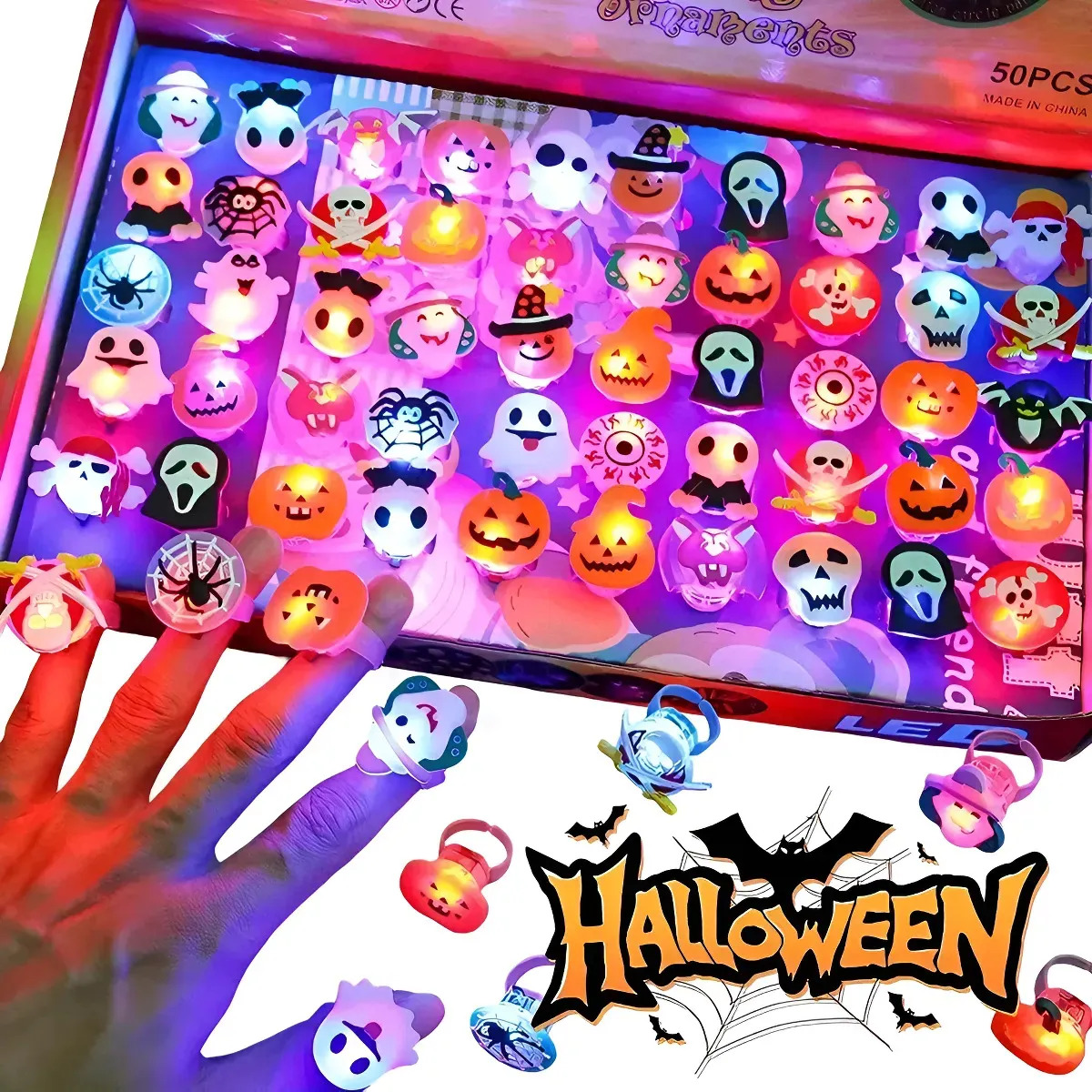 50 Recuerdos De Fiesta De Decoración De Anillo Led Halloween Colorido
