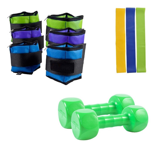 Imagen 1 de 6 de Kit Funcional Banda + 2 Tobillera 1kg + 2 Mancuerna 2kg Gym