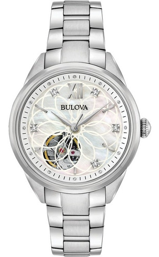 Bulova Diamond Open Heart Automático Original 96p181 Correa Plateado Bisel Plateado Fondo Blanco