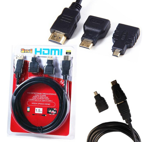 Cable Hdmi (1.5m) Con Adaptador Para Mini Hdmi Y Micro Hdmi