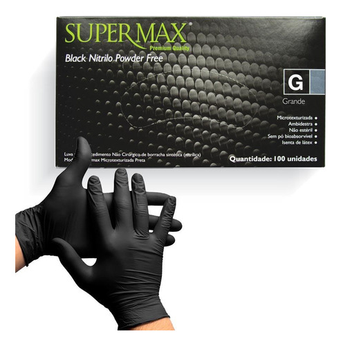 Luva Nitrílica Preta Black G Sem Pó Caixa Com 100 Supermax