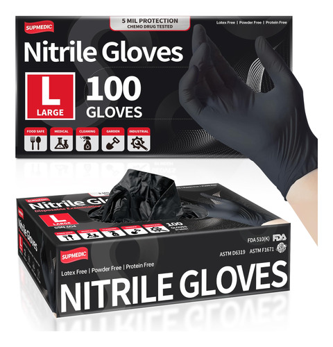 Supmedic Guantes De Examen De Nitrilo Negro, 5 Mil Sin Polvo