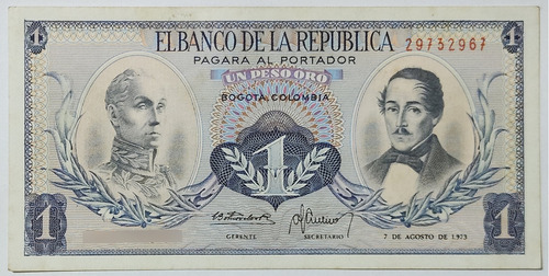 Billete 1 Peso 07/ago/1973 Colombia Au