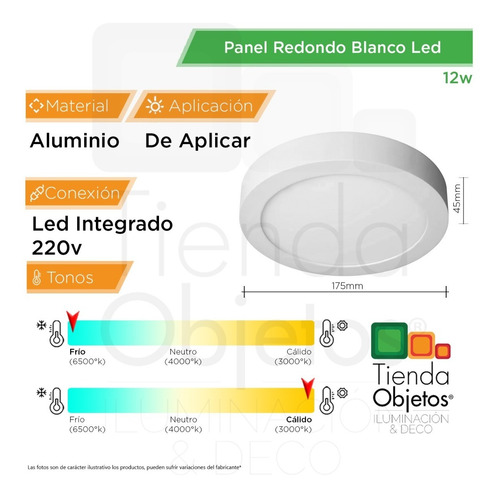 Panel Led Aplicar Redondo 12w Calidos Frios Aluminio Full