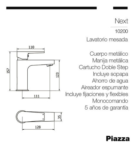 Imagen 2 de 6 de Griferia Lavatorio Canilla Next Monocomando Piazza 10200